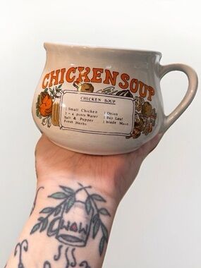 Chicken Soup Ceramic Mug - Cream with Orange and Green Design